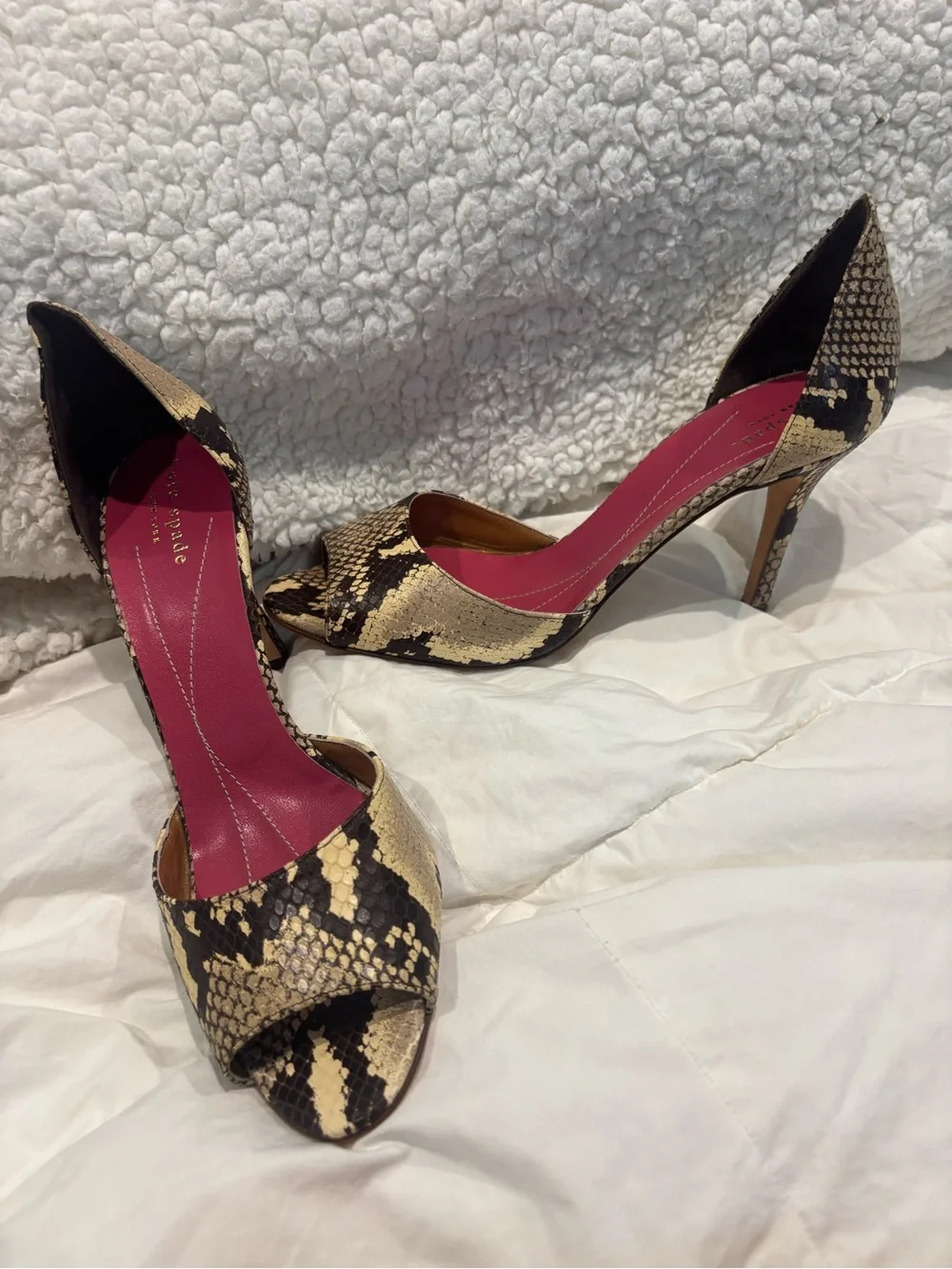 kate spade Snake-Print Peep Toe Heels with Pink Insole
